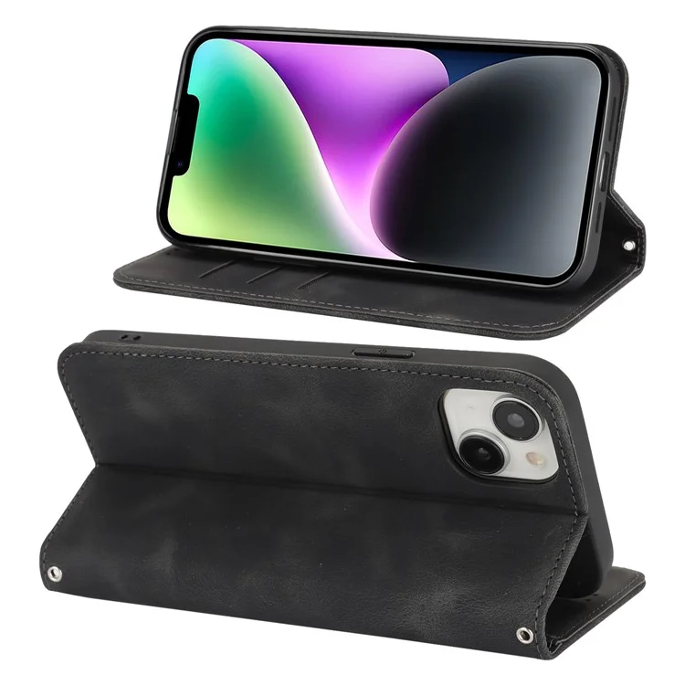 For iPhone 14  /  13 Stand Case Magnetic Closure Skin Touch Leather Flip Phone Cover with Wallet - Black