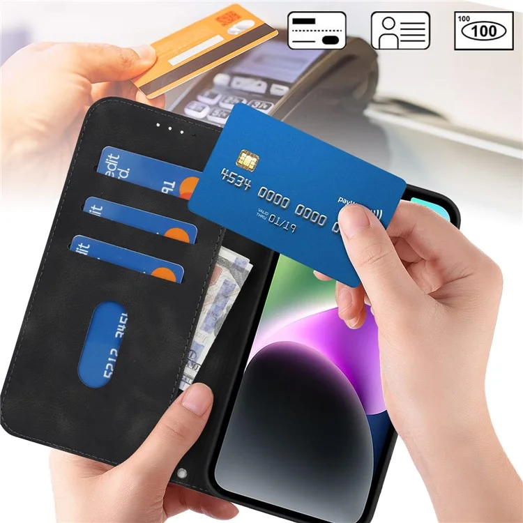For iPhone 14  /  13 Stand Case Magnetic Closure Skin Touch Leather Flip Phone Cover with Wallet - Black