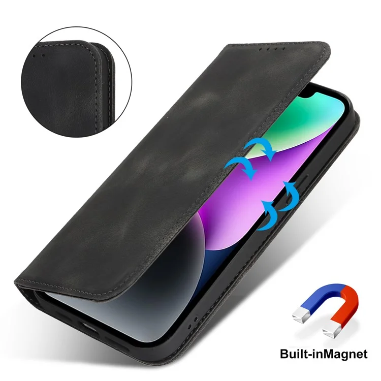 For iPhone 14  /  13 Stand Case Magnetic Closure Skin Touch Leather Flip Phone Cover with Wallet - Black