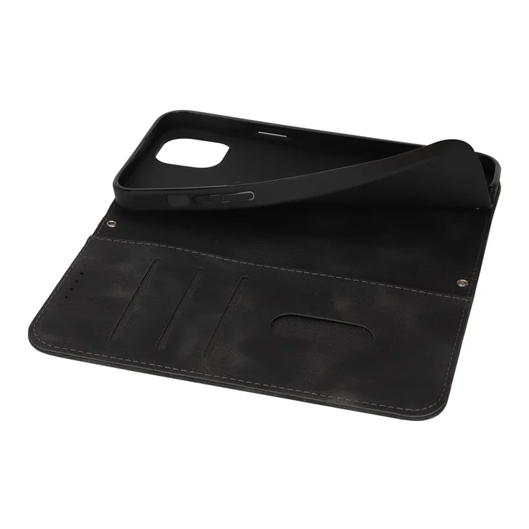 For iPhone 14  /  13 Stand Case Magnetic Closure Skin Touch Leather Flip Phone Cover with Wallet - Black