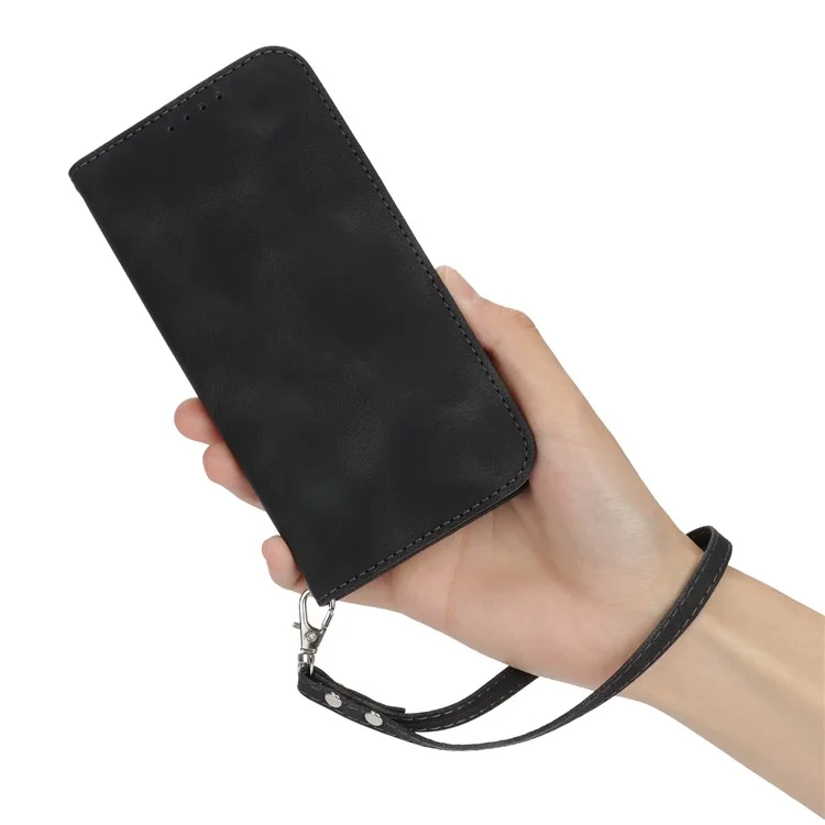 For iPhone 14  /  13 Stand Case Magnetic Closure Skin Touch Leather Flip Phone Cover with Wallet - Black