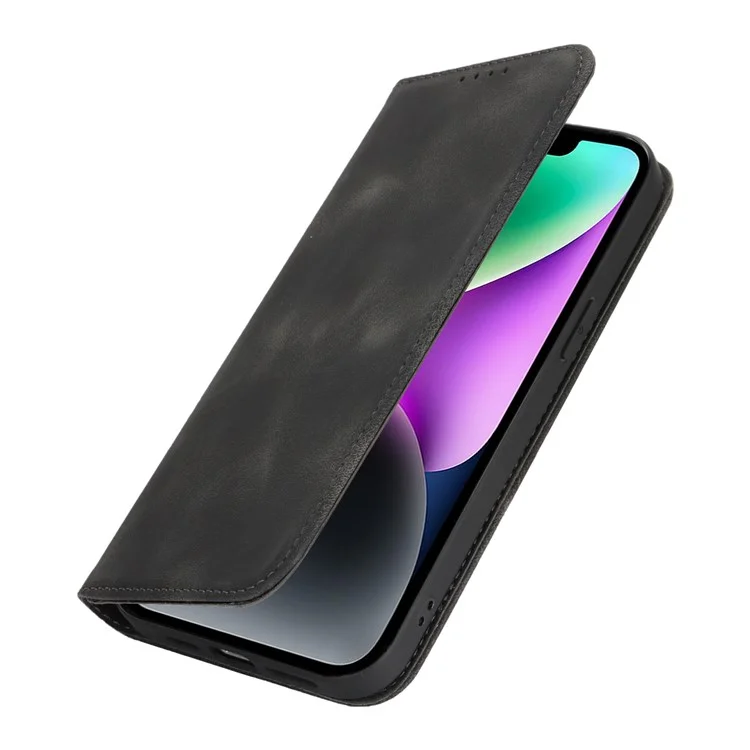 For iPhone 14  /  13 Stand Case Magnetic Closure Skin Touch Leather Flip Phone Cover with Wallet - Black