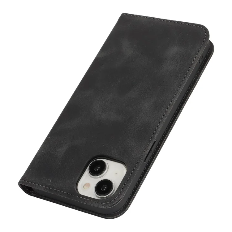 For iPhone 14  /  13 Stand Case Magnetic Closure Skin Touch Leather Flip Phone Cover with Wallet - Black