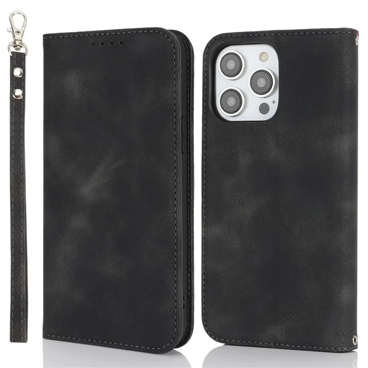 Stand Case for iPhone 13 Pro Max / 12 Pro Max Magnetic Closure Skin Touch Leather Flip Phone Cover with Wallet - Black