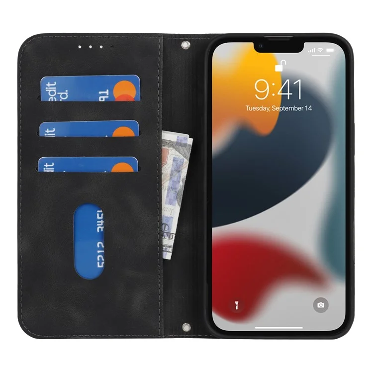Stand Case for iPhone 13 Pro Max / 12 Pro Max Magnetic Closure Skin Touch Leather Flip Phone Cover with Wallet - Black