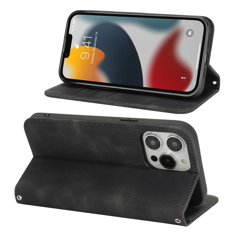 Stand Case for iPhone 13 Pro Max / 12 Pro Max Magnetic Closure Skin Touch Leather Flip Phone Cover with Wallet - Black