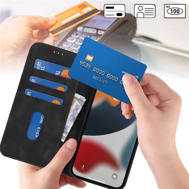 Stand Case for iPhone 13 Pro Max / 12 Pro Max Magnetic Closure Skin Touch Leather Flip Phone Cover with Wallet - Black