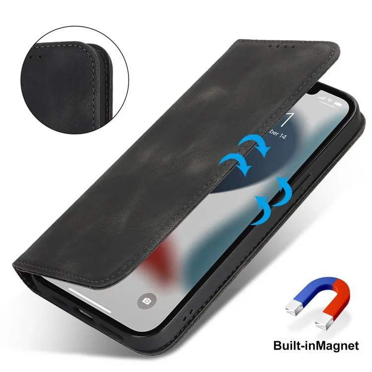 Stand Case for iPhone 13 Pro Max / 12 Pro Max Magnetic Closure Skin Touch Leather Flip Phone Cover with Wallet - Black