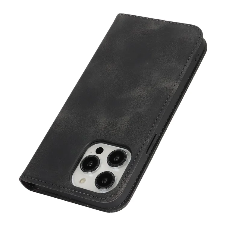 Stand Case for iPhone 13 Pro Max / 12 Pro Max Magnetic Closure Skin Touch Leather Flip Phone Cover with Wallet - Black