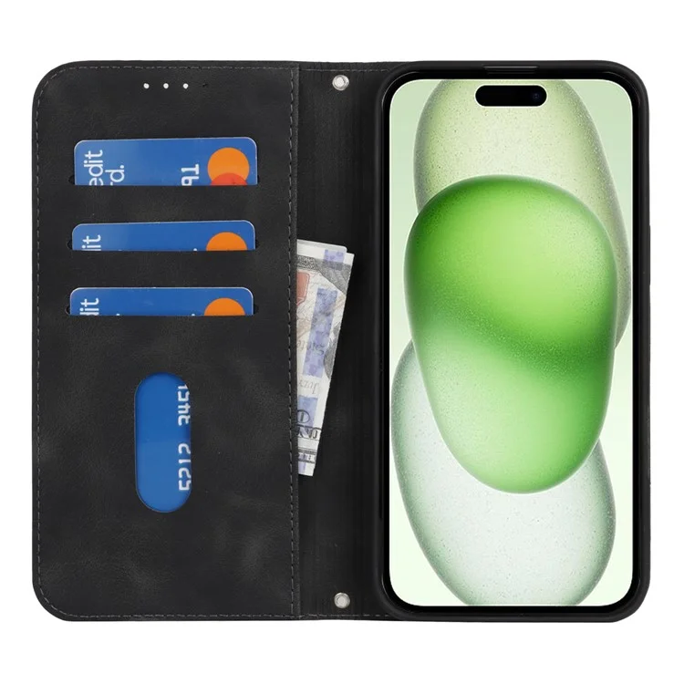 For iPhone 15 Plus  /  14 Plus Stand Case Magnetic Closure Skin Touch Leather Flip Phone Cover with Wallet - Black