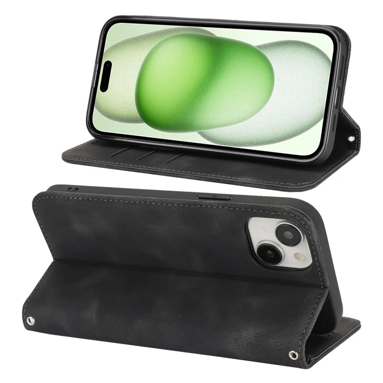 For iPhone 15 Plus  /  14 Plus Stand Case Magnetic Closure Skin Touch Leather Flip Phone Cover with Wallet - Black