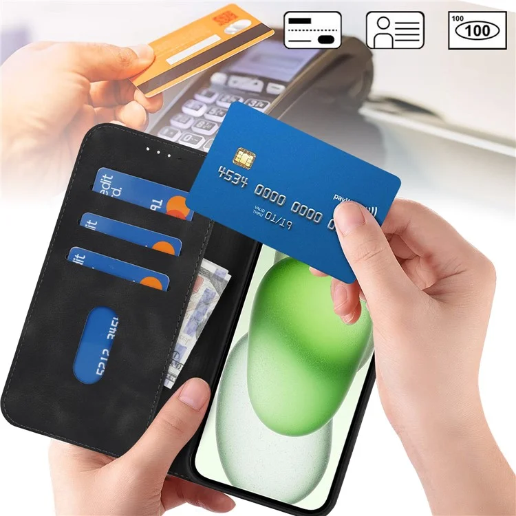 For iPhone 15 Plus  /  14 Plus Stand Case Magnetic Closure Skin Touch Leather Flip Phone Cover with Wallet - Black