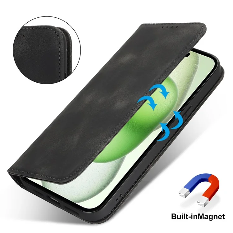 For iPhone 15 Plus  /  14 Plus Stand Case Magnetic Closure Skin Touch Leather Flip Phone Cover with Wallet - Black