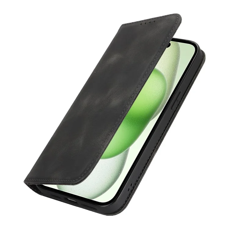For iPhone 15 Plus  /  14 Plus Stand Case Magnetic Closure Skin Touch Leather Flip Phone Cover with Wallet - Black