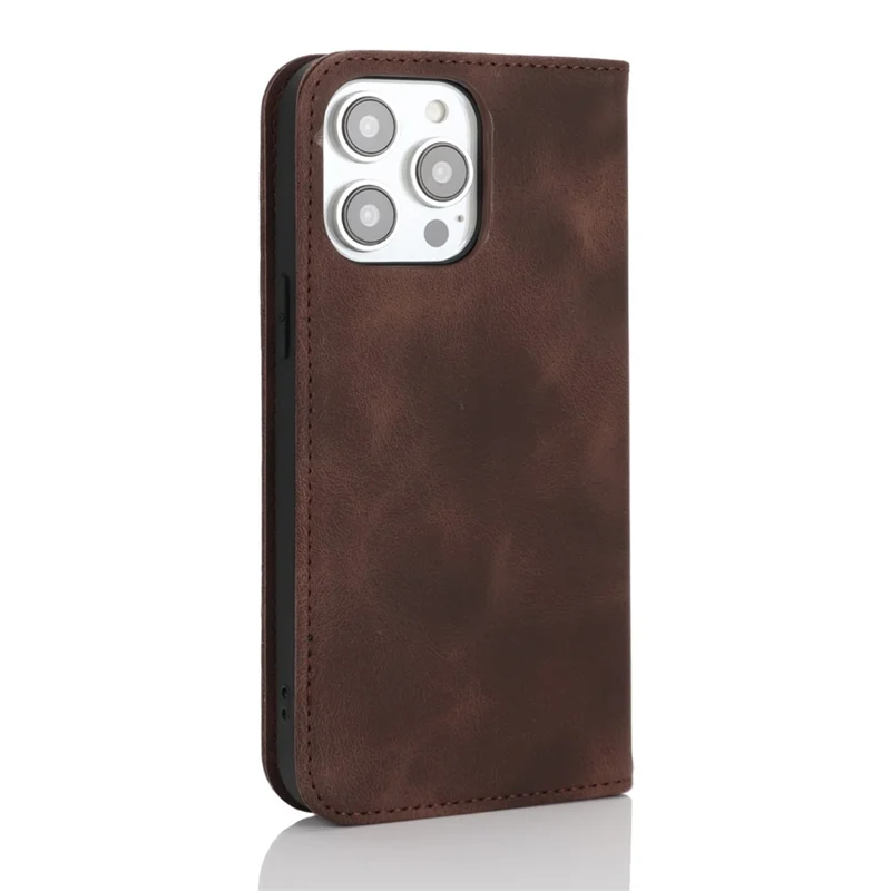 For iPhone 14 Pro Max Stand Case Magnetic Closure Skin Touch Leather Flip Phone Cover with Wallet - Coffee