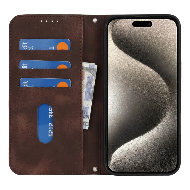For iPhone 14 Pro Max Stand Case Magnetic Closure Skin Touch Leather Flip Phone Cover with Wallet - Coffee