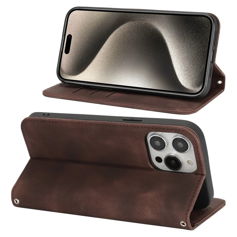 For iPhone 14 Pro Max Stand Case Magnetic Closure Skin Touch Leather Flip Phone Cover with Wallet - Coffee