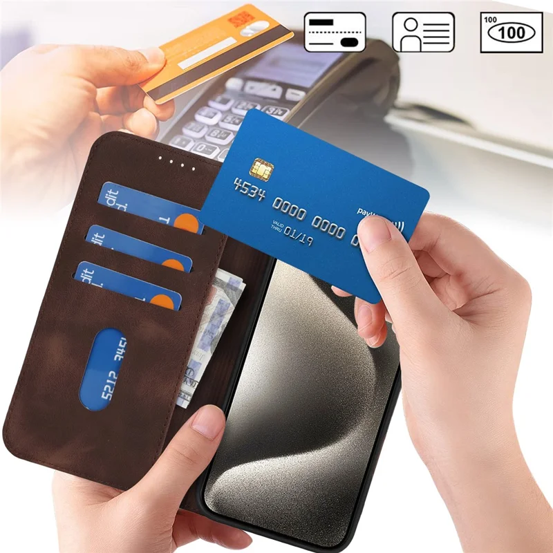 For iPhone 14 Pro Max Stand Case Magnetic Closure Skin Touch Leather Flip Phone Cover with Wallet - Coffee