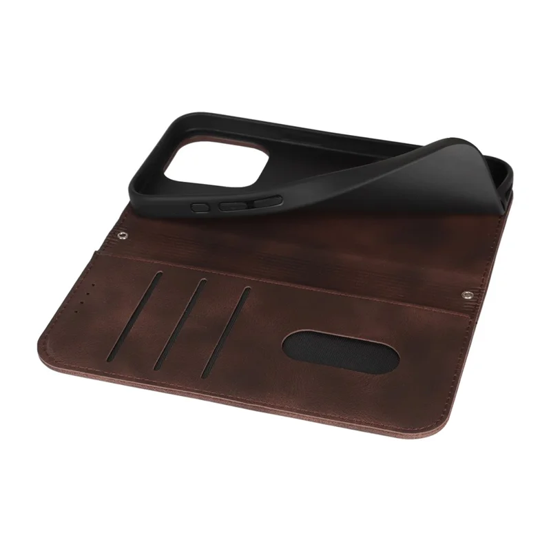 For iPhone 14 Pro Max Stand Case Magnetic Closure Skin Touch Leather Flip Phone Cover with Wallet - Coffee