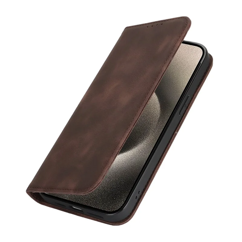 For iPhone 14 Pro Max Stand Case Magnetic Closure Skin Touch Leather Flip Phone Cover with Wallet - Coffee