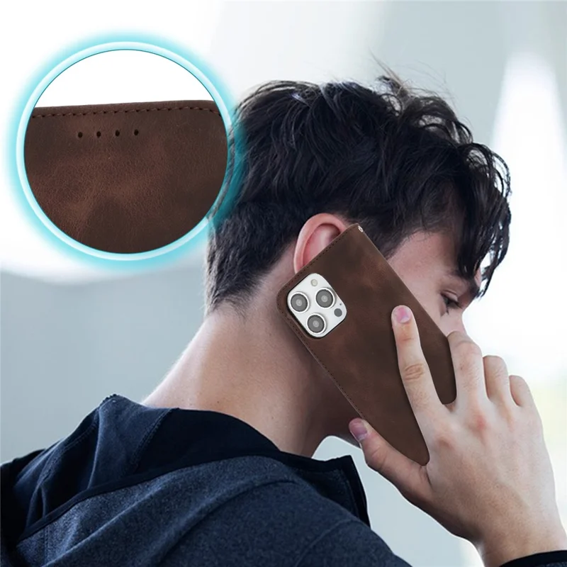 For iPhone 14 Pro Max Stand Case Magnetic Closure Skin Touch Leather Flip Phone Cover with Wallet - Coffee