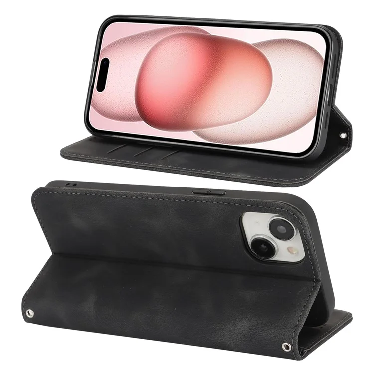 Für iPhone 15 Ständer Hülle Magnetverschluss Soft-Touch Leder Flip Handyhülle mit Geldbörse - Schwarz