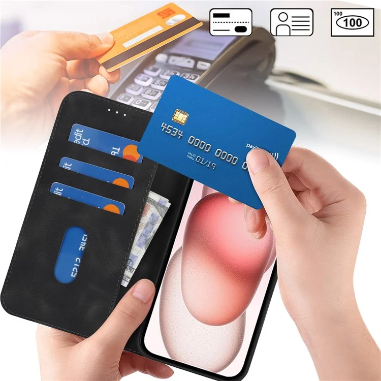 Für iPhone 15 Ständer Hülle Magnetverschluss Soft-Touch Leder Flip Handyhülle mit Geldbörse - Schwarz