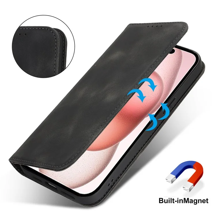 Für iPhone 15 Ständer Hülle Magnetverschluss Soft-Touch Leder Flip Handyhülle mit Geldbörse - Schwarz