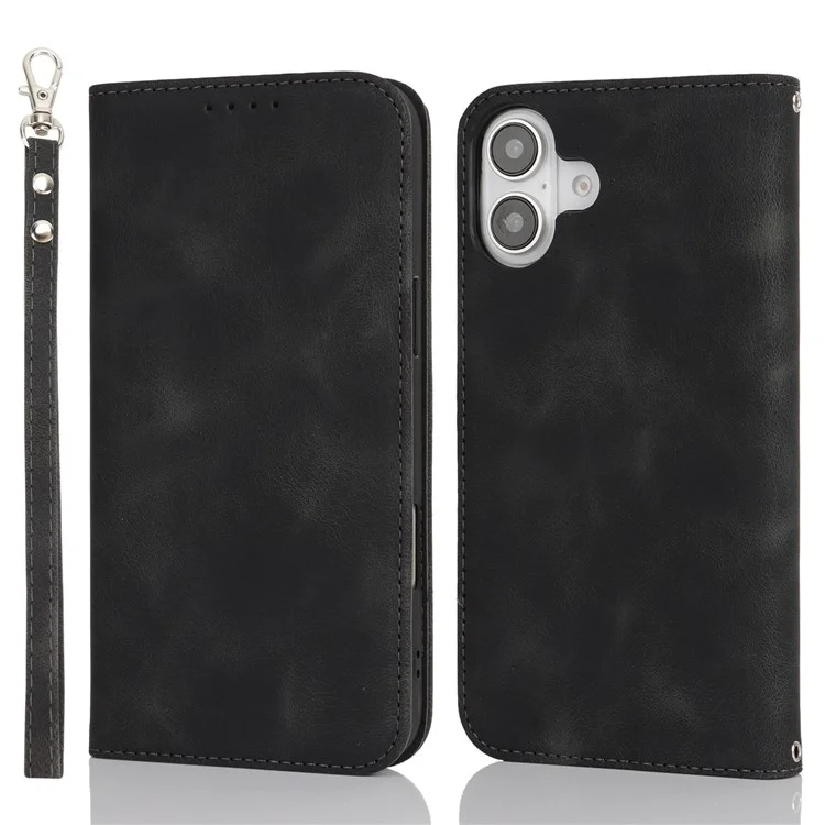 For iPhone 16 Stand Case Magnetic Closure Skin Touch Leather Flip Phone Cover with Wallet - Black