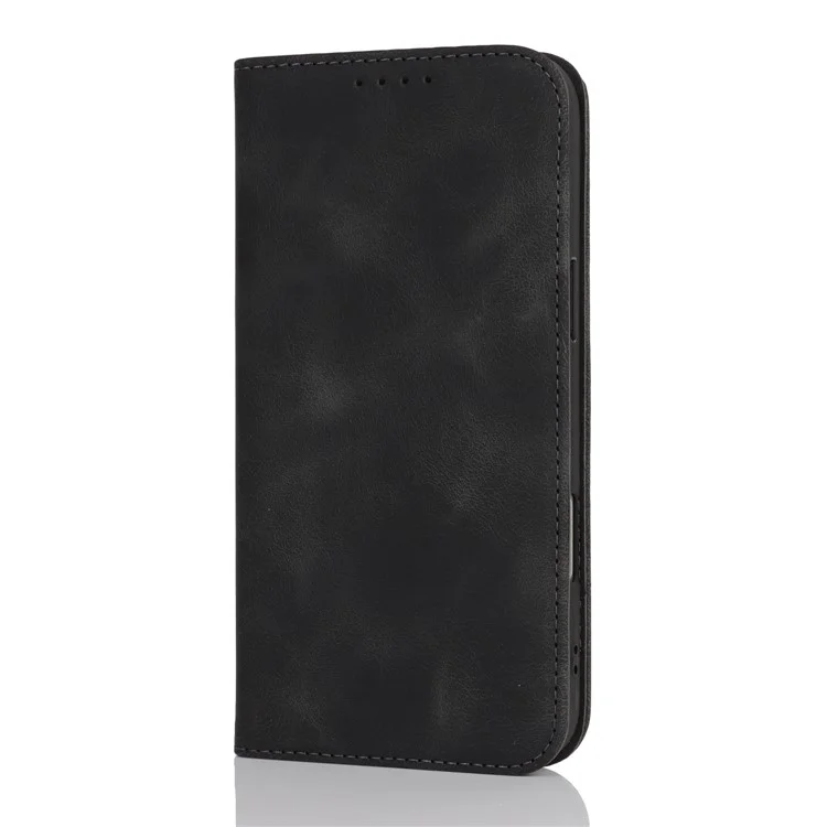 For iPhone 16 Stand Case Magnetic Closure Skin Touch Leather Flip Phone Cover with Wallet - Black