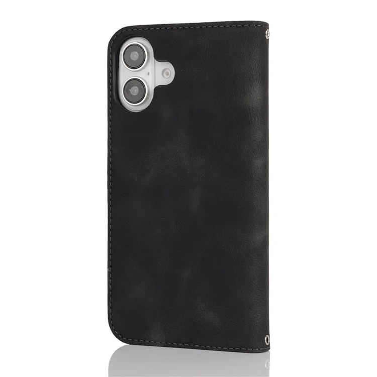 For iPhone 16 Stand Case Magnetic Closure Skin Touch Leather Flip Phone Cover with Wallet - Black