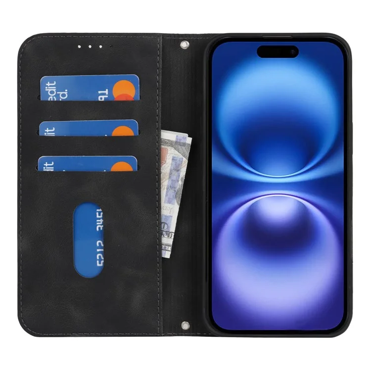 For iPhone 16 Stand Case Magnetic Closure Skin Touch Leather Flip Phone Cover with Wallet - Black