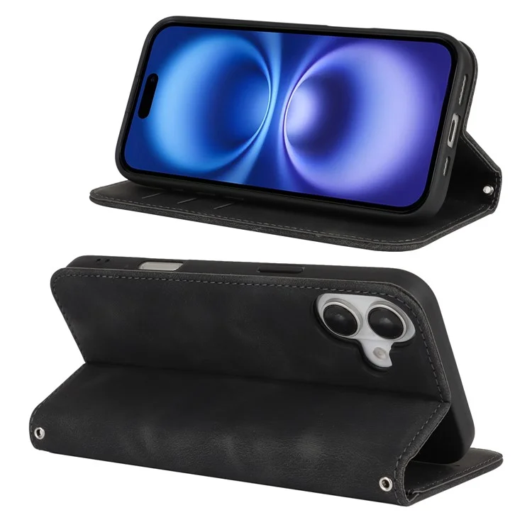 For iPhone 16 Stand Case Magnetic Closure Skin Touch Leather Flip Phone Cover with Wallet - Black