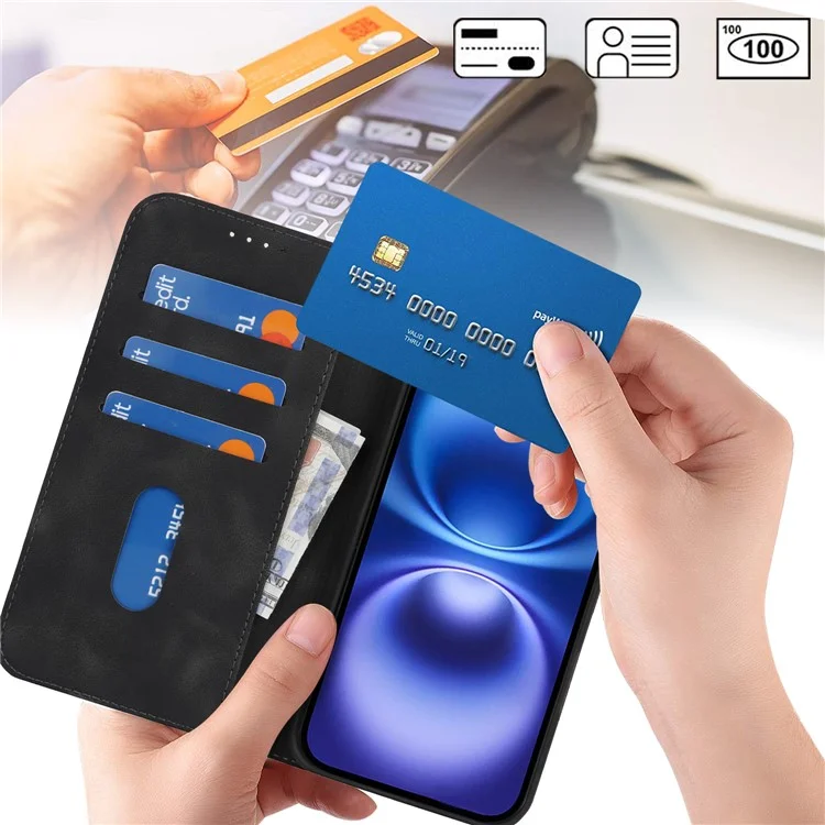 For iPhone 16 Stand Case Magnetic Closure Skin Touch Leather Flip Phone Cover with Wallet - Black