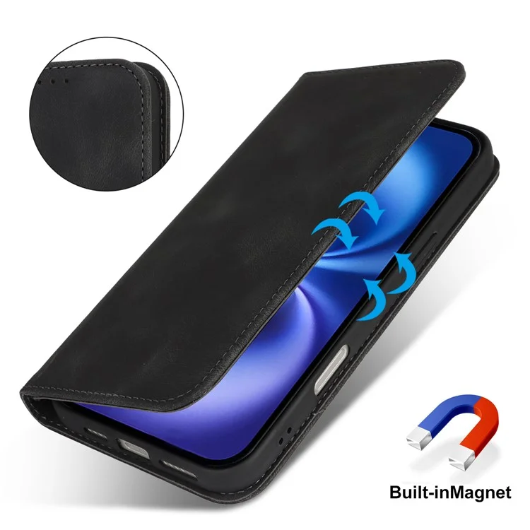 For iPhone 16 Stand Case Magnetic Closure Skin Touch Leather Flip Phone Cover with Wallet - Black