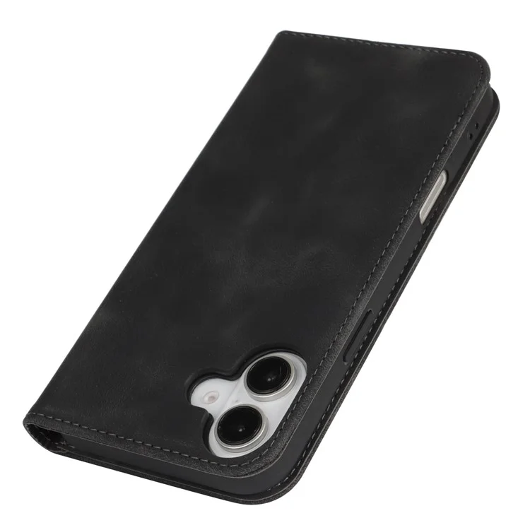 For iPhone 16 Stand Case Magnetic Closure Skin Touch Leather Flip Phone Cover with Wallet - Black