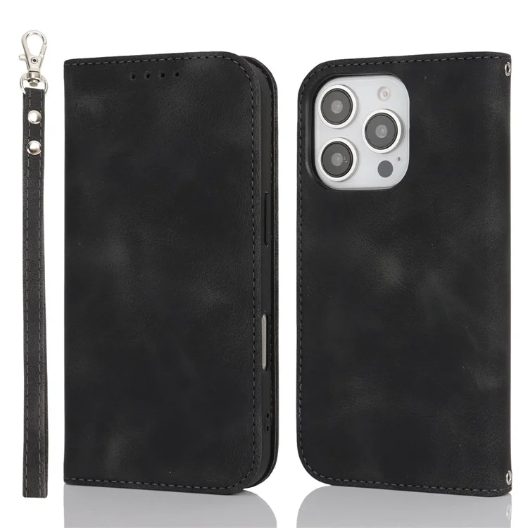 For iPhone 16 Pro Stand Case Magnetic Closure Skin Touch Leather Flip Phone Cover with Wallet - Black