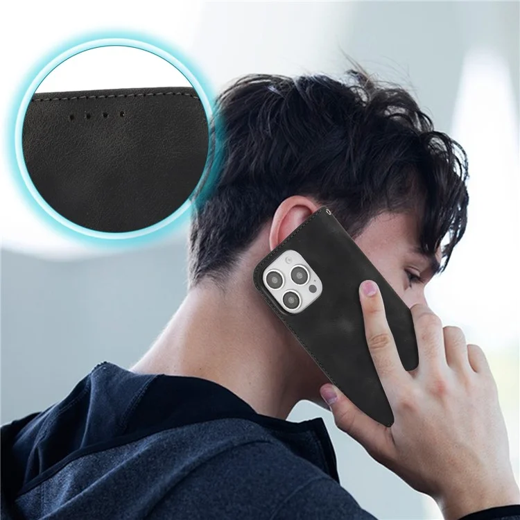 For iPhone 16 Pro Stand Case Magnetic Closure Skin Touch Leather Flip Phone Cover with Wallet - Black