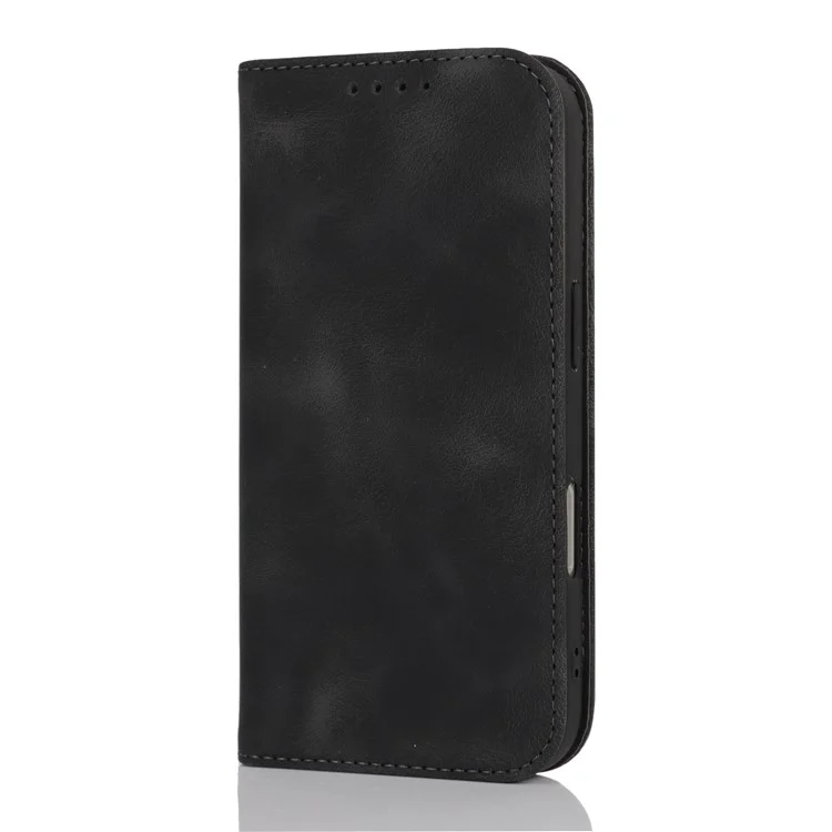 For iPhone 16 Pro Stand Case Magnetic Closure Skin Touch Leather Flip Phone Cover with Wallet - Black