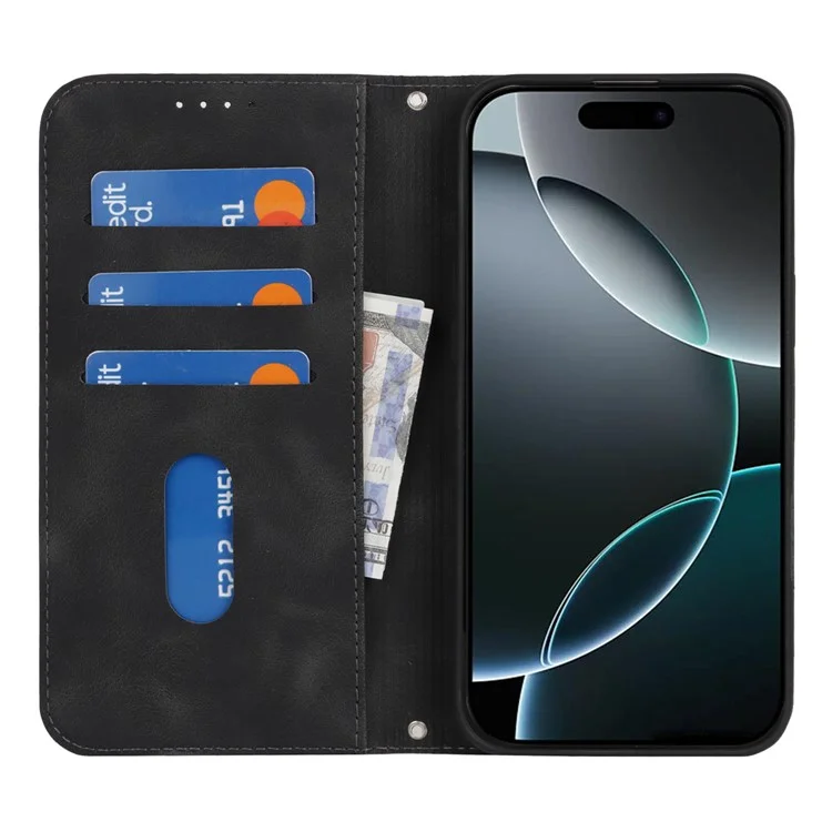 For iPhone 16 Pro Stand Case Magnetic Closure Skin Touch Leather Flip Phone Cover with Wallet - Black