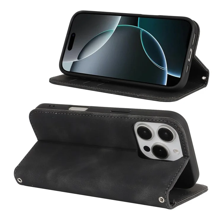 For iPhone 16 Pro Stand Case Magnetic Closure Skin Touch Leather Flip Phone Cover with Wallet - Black