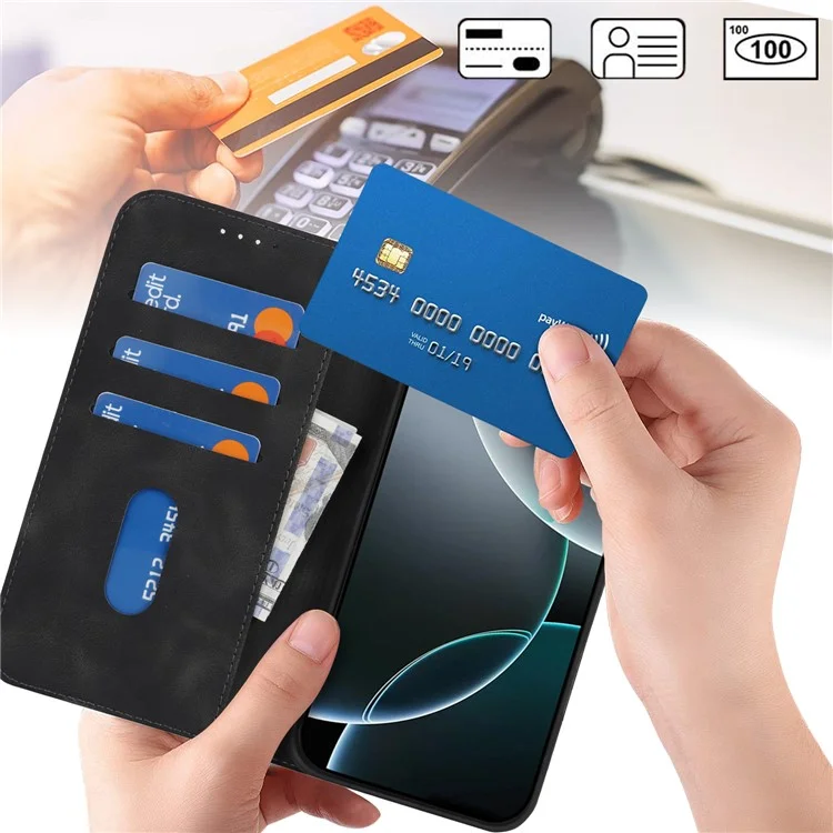 For iPhone 16 Pro Stand Case Magnetic Closure Skin Touch Leather Flip Phone Cover with Wallet - Black