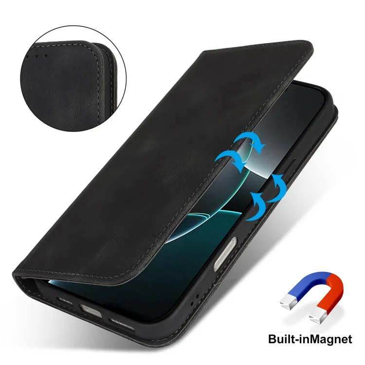 For iPhone 16 Pro Stand Case Magnetic Closure Skin Touch Leather Flip Phone Cover with Wallet - Black