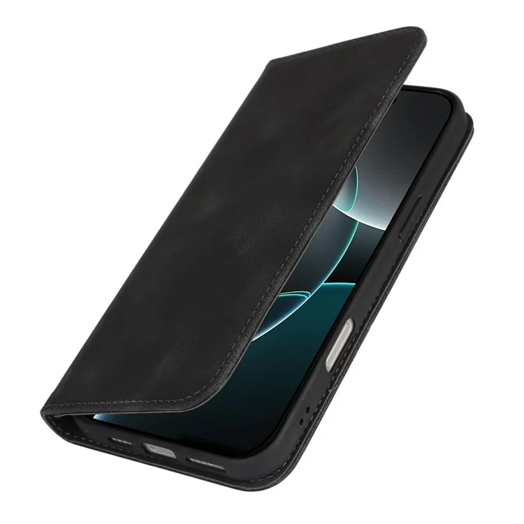 For iPhone 16 Pro Stand Case Magnetic Closure Skin Touch Leather Flip Phone Cover with Wallet - Black