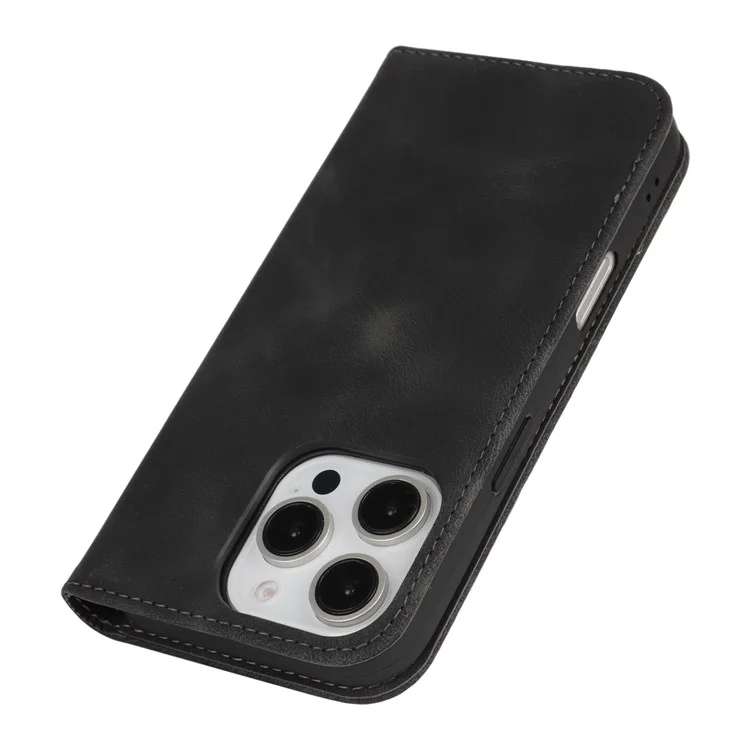 For iPhone 16 Pro Stand Case Magnetic Closure Skin Touch Leather Flip Phone Cover with Wallet - Black