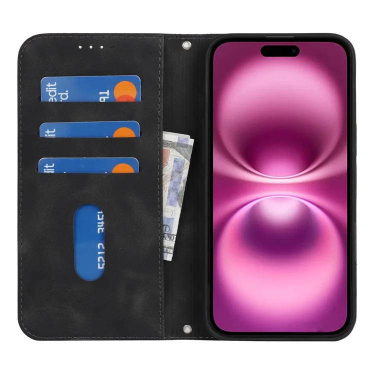 Чехол для iPhone 16 Plus со стендом, магнитным замком, кожаный, с отделением для карт - Черный