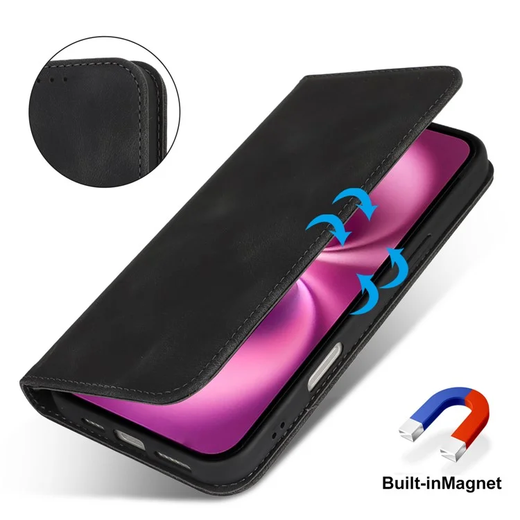 Чехол для iPhone 16 Plus со стендом, магнитным замком, кожаный, с отделением для карт - Черный