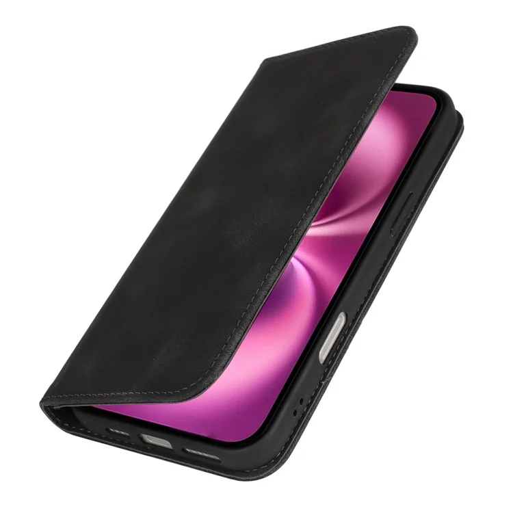 Чехол для iPhone 16 Plus со стендом, магнитным замком, кожаный, с отделением для карт - Черный