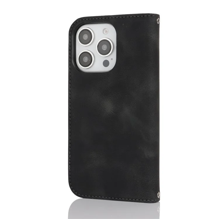 For iPhone 16 Pro Max Stand Case Magnetic Closure Skin Touch Leather Flip Phone Cover with Wallet - Black