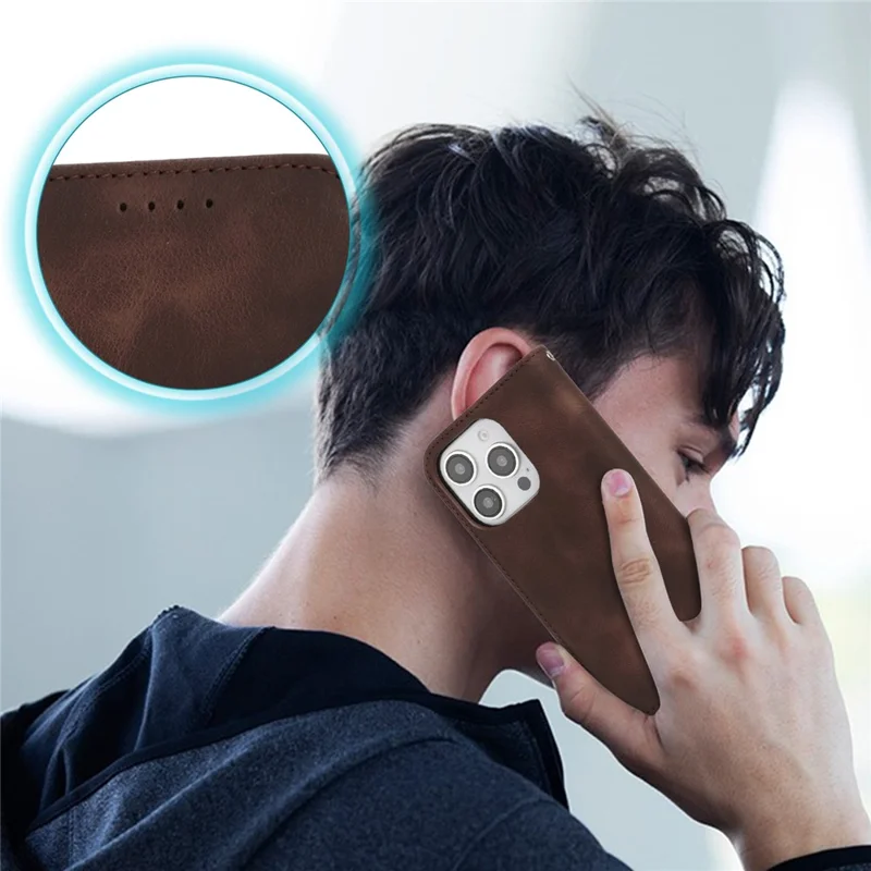 For iPhone 16 Pro Max Stand Case Magnetic Closure Skin Touch Leather Flip Phone Cover with Wallet - Coffee